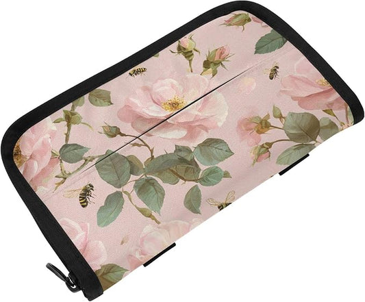 Cute Pink Rose and Bees Car Tissue Holder Durable Napkin Holder Hanging Tissue Holders Case Car Tissues Bag for Sun Visor Seat Back Universal Auto
