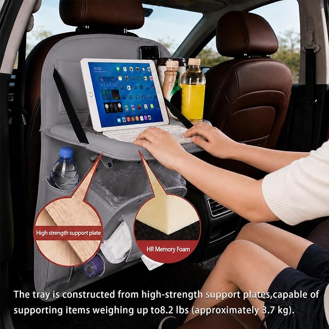 2 Pack Car Backseat Organizer with Foldable Table Tray, PU Leather Seat Back Organizer with Trash Bin, Tablet Holder, Kick Mat Protector, Back Seat Storage for Cars, Gray