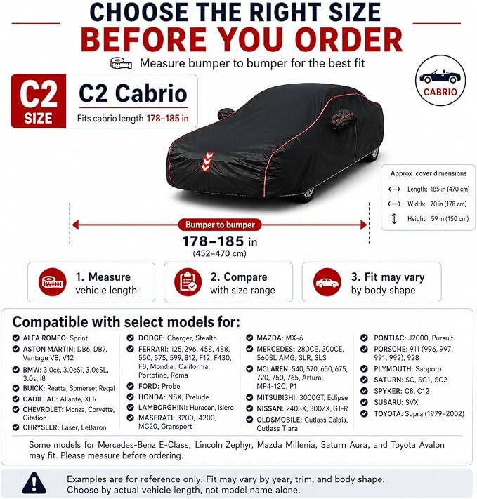 Coupe Car Cover Waterproof All Weather, 8-Point Fastening Fits 178-185 in | 8-Point Fastening, 120s Quick Setup, 600D Oxford Fabric, All-Weather Protection