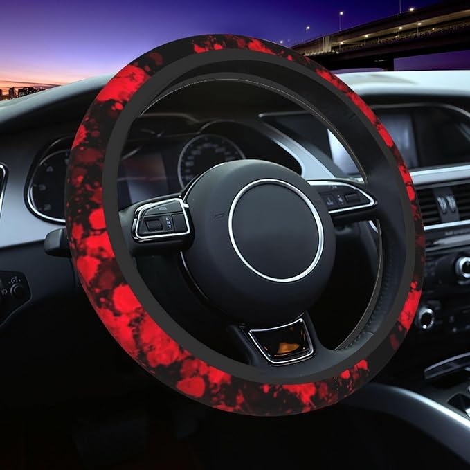 Red Blood Steering Wheel Cover - Classic Horror Blood Splatter Steering Wheel Cover Anti-Slip Breathable for 15 in Universal 2 Pcs Car Interior Cup Holder Pad for Men Women