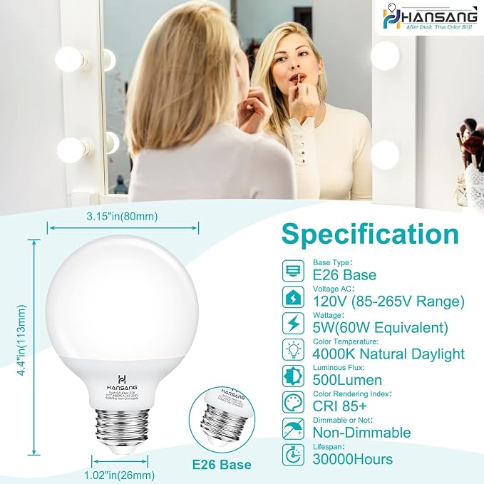 20 Pack Bathroom Light Bulbs, 4000K Natural White E26 LED Globe Bulbs, 60W Equivalent, G25 LED Vanity Light Bulb Perfect for Bathroom Makeup Mirror, Eye-Friendly CRI85+, 120V, 500Lumens, Non-dimmable