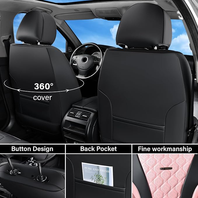 Coverado Car Seat Covers, Black Pink Leather Seat Covers Full Set, Perforated Diamond Leather Car Seat Cover, Waterproof Car Seat Protector Universal 5 Seats Seat Covers Fit for Most Cars SUV Trucks