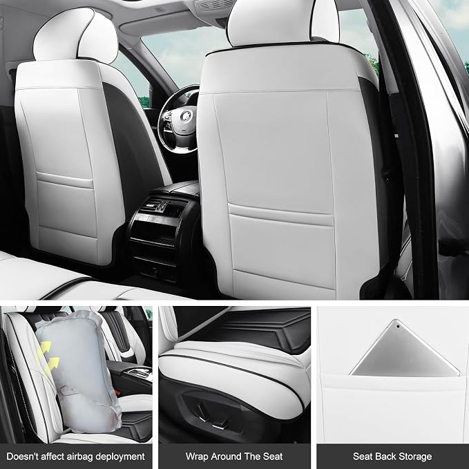 Car Seat Covers Front Seats White and Black, Premium Leather Car Seat Covers, Waterproof and Breathable Seat Covers, Universal Car Seat Protector Fit for Cars, Trucks, SUVs, Pick-ups