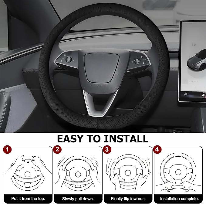 Microfiber Leather Steering Wheel Cover, 14.5-15 inch, Black | Universal Fit, Easy to Install, Non-Slip Design, Breathable