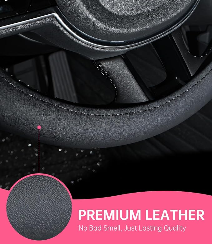 XCBYT Steering Wheel Cover - Pink Leather Steering Wheel Wrap Great Grip with 3D Honeycomb Quick and Effortless Installation Non-Slip Silicone Inner Ring for Women Man Universal Fit 14.5-15 Inch