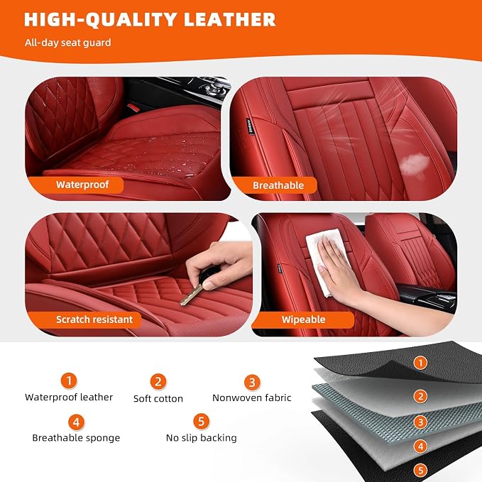 Universal 2-Seater Waterproof Breathable Nappa Leather Car Seat Covers Full Set, Fit for Front Seats, Compatible with Dodge Journey, Toyota Yaris, Honda Pilot HR-V City, Fit Most Sedans SUV Red