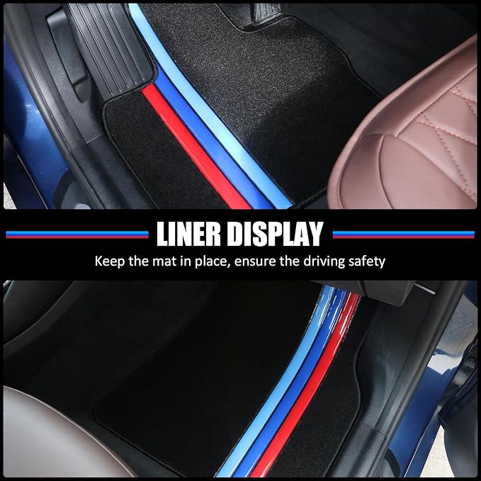 Fit 2011-2016 BMW F10 5-Series Floor Mat Nylon Black with 3 Colors Stripes | IKON MOTORSPORTS, Front & Rear Factory M Color Stripe Car Floor Carpets Carpet liner 2012 2013 2014 2015