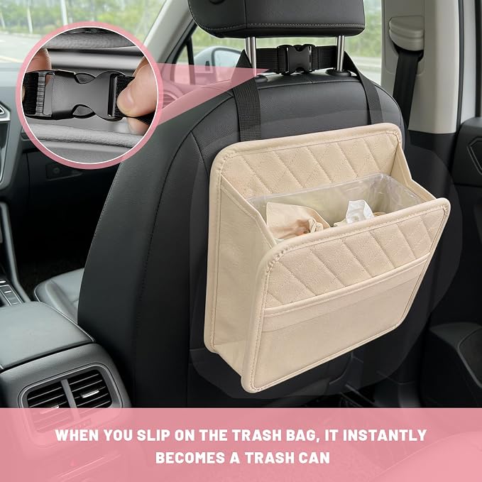 Car Seat Back Organizer, Waterproof Leather Auto Backseat Storage Pocket for Travel Essentials, Universal Multipurpose Backseat Hanging Storage Bag for Cars SUVs Trucks (Beige)
