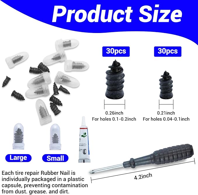 82 PCS Tire Repair Rubber Nail Kit with Sealant Glue & Screwdriver, Premium Spiral Screw-in Tire Plugs with 2 Sizes - Emergency Roadside Flat Tire Fix for Car Truck Motorcycle ATV SUV