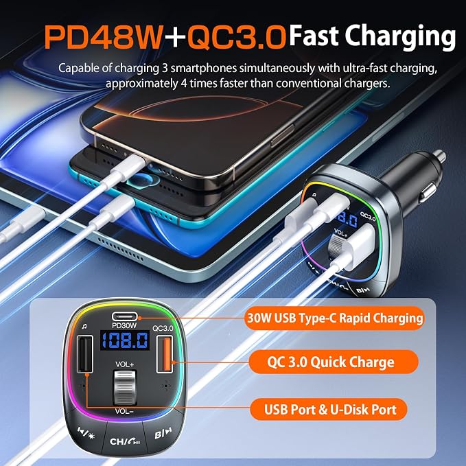 Redroman USB C Bluetooth 5.4 Car Adapter for Hands-Free Calling & 48W Fast Charging, Wireless FM Transmitter Audio Receiver with USB Playback and 7-Color LED Backlit, Type-C PD Charger for All Cars