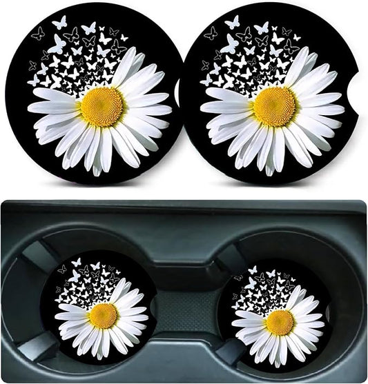2 Pack Daisy Butterfly Car Cup Holder Coasters Universal Neoprene Coasters | 2.75" Universal Size Anti Slip Rubber Mat, Auto Cup Holder Accessories for SUV Truck, Daisy Gifts for Women Men