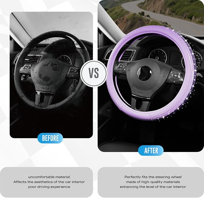Road Comforts Bling Steering Wheel Cover – Purple Diamond Design, Universal Fit 14.5-15 Inch, Microfiber Leather, Anti-Slip & Breathable Design for Men and Women