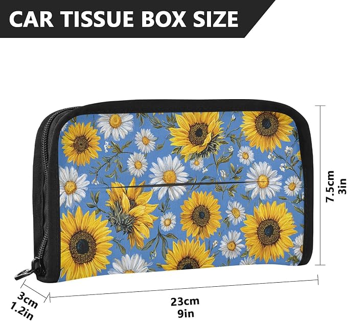 Car Visor Tissue Holder Mask Holder for Car, Car Tissue Box Sun Visor Napkin Holder Car Visor Accessories Adjustable Straps Reusable Durable Easy to Install Sunflower Daisy Leaves Blue