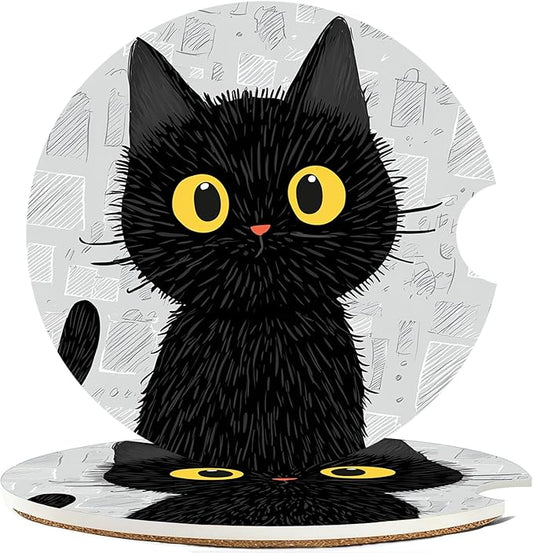Car Cup Holder Coaster Set of 2, 2.56 in Ceramic Coasters, Scratch-Resistant Cork Backing, Finger Groove Design for Easy Placement, Cute Car Accessories Interior for Women (Black Cat)