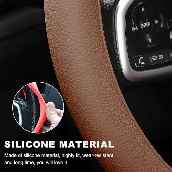 DXNQ Car Steering Wheel Cover, 13 to 14.17 inches Anti-Slip Silicone Steering Wheel Protector, Soft Flexible Shock-Absorbent Steering Wheel Protective Cover for Most Car Models (Brown)