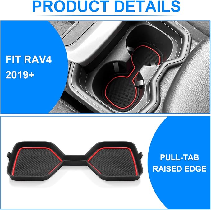 3D Cup Holder Inserts for Toyota RAV4 Accessories 2025 2024 2023 2022-2019 | Silicone Cup Coaster Mats Pad, Center Console Liner, 2Pcs, Red Trim