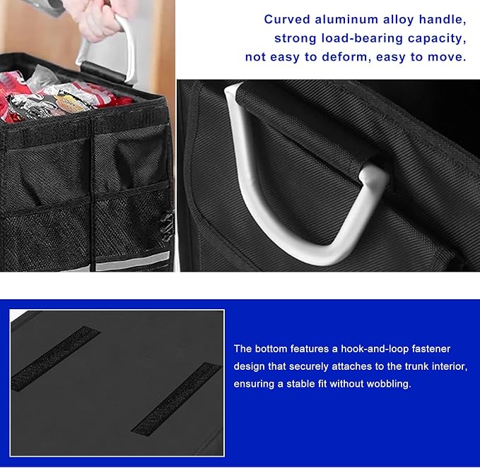 Car Trunk Organizer with Lid, 28L Collapsible Oxford Auto Storage Organizer with Reflective Strip & Handle, Multi-Purpose 2-Compartment Cargo Container for Cars SUVs Trucks (Black)