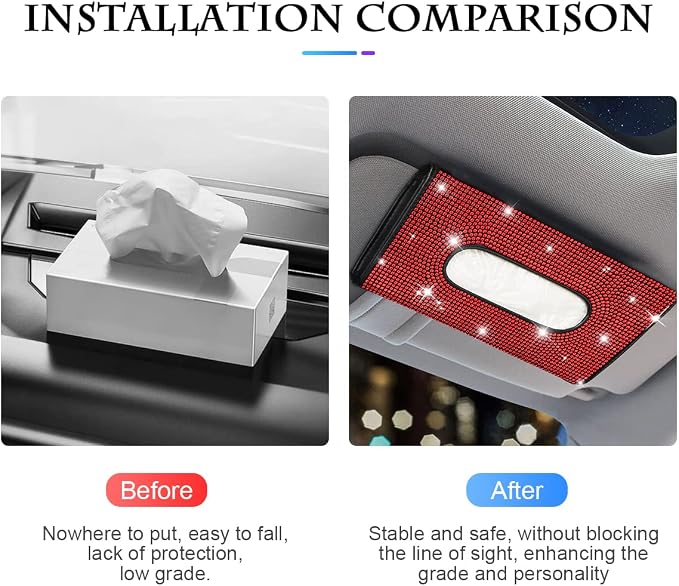 Bling Car Sun Visor Tissue Box Holder, Rhinestone PU Leather Crystal Sparkling Napkin Holder, Backseat Paper Towel Cover Case Car Accessories for Women (Red)
