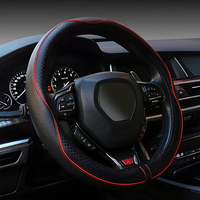 LABBYWAY Microfiber Leather Steering Wheel Cover, Universal 14.5-15 Inch,Anti Slip,Heavy Duty, Thick,Soft,Breathable Car Interior Accessories for Men Women (Black with Red line)