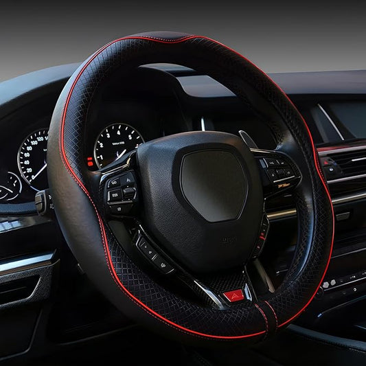 LABBYWAY Microfiber Leather Steering Wheel Cover, Universal 14.5-15 Inch,Anti Slip,Heavy Duty, Thick,Soft,Breathable Car Interior Accessories for Men Women (Black with Red line)