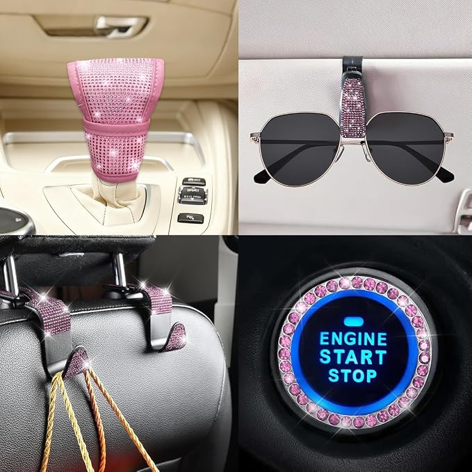 11PCS/Set Bling Car Accessories Set for Women, Rhinestone Vehicle Steering Wheel Cover Seat Belt Cushion Gear Shift Protector Cup Holder Coaster, Universal Automotive Accessories (All Pink)