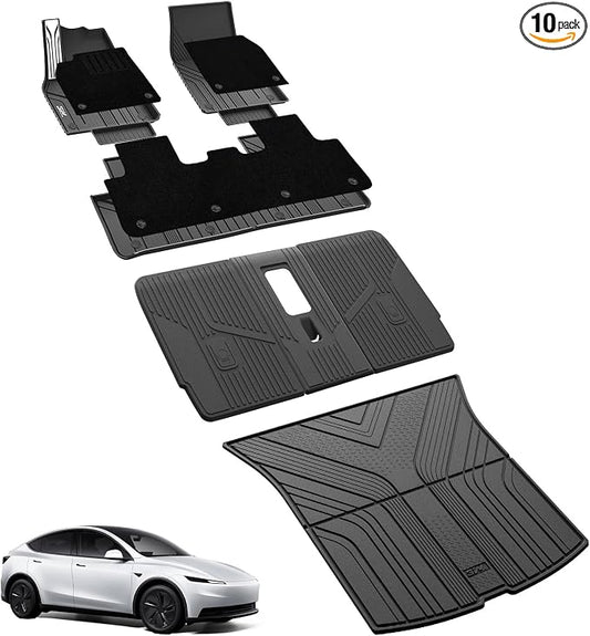 3W Floor Mats with Carpets for 2025 2026 Tesla Model Y Juniper (Only Fit Standard) 5 Seat Metal Pedal Liner & Rear Cargo Mat & Backrest Mats Anti-Slip All Weather TPE Car Accessories, Vigormold™