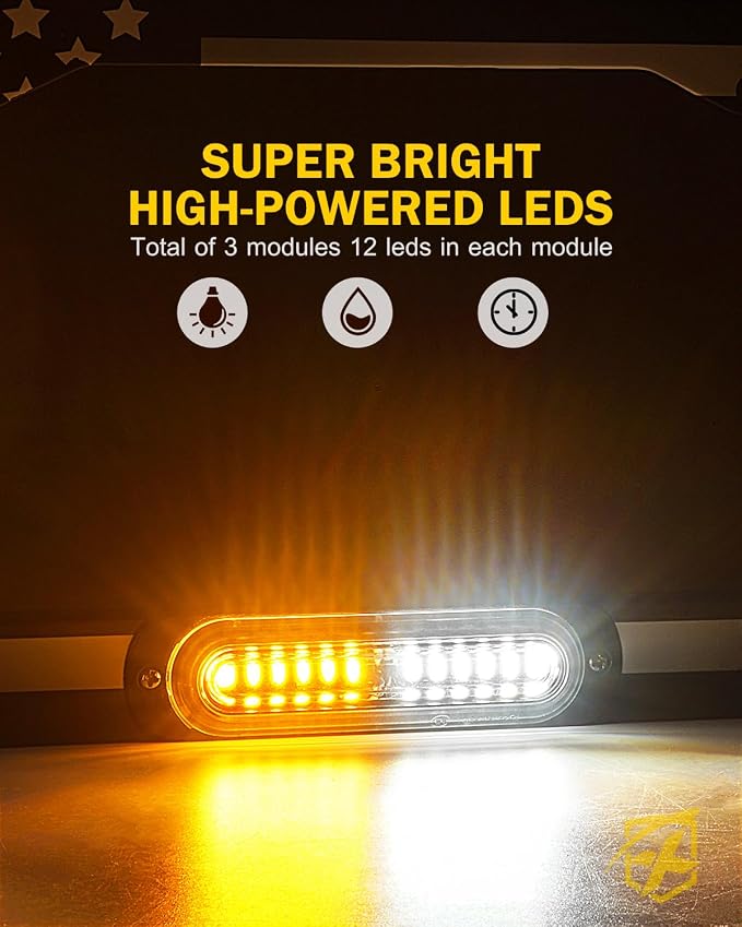 Xprite 36 LED License Plate Strobe Light, US Flag Front/Rear Utility Lights, 22 Modes Caution Frame for Construction Towing Snow Plow Pickup Work Trucks Cars - White Amber (w/Pre-Installed 9FT Cable)