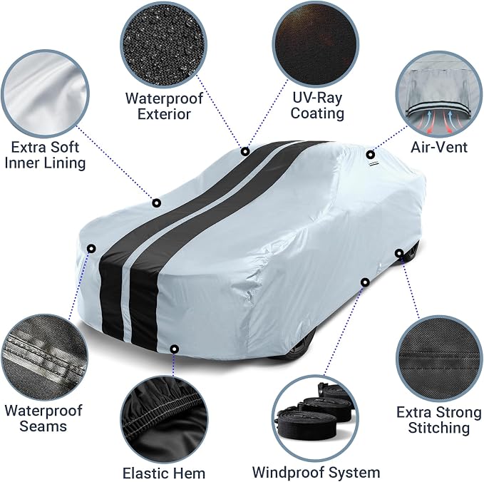 iCarCover Premium Plus Car Cover Waterproof All Weather Rain Snow UV Sun Protection, Grand Ville, Grand Prix, Fleetwood, De Ville, Caprice, Ranchero, Size C22 (See Size Chart) Stripe - Gray/Black
