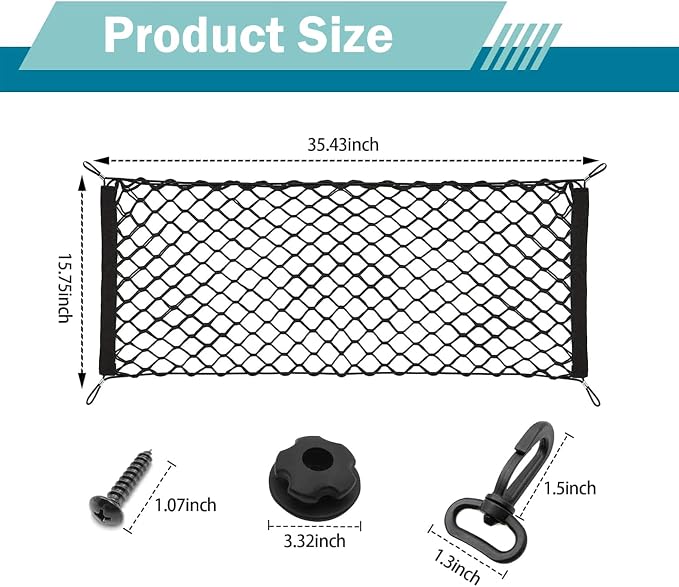 Cargo Net Stretchable, Dual-Layer Nylon Trunk Storage Net with Hook, 35.43inch x15.75 Inch Adjustable Elastic Organizer Net, Suitable For Cars, Sedans, SUVs and Trucks (Black)