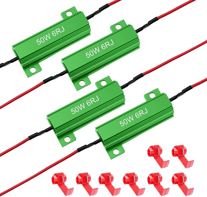4PCS Load Resistors, 50W 6Ohm Car Resistors, LED Turn Signal Resistor Flasher Adaptor, Aluminum Case Resistor for Fix LED Bulb Fast Hyper Flash Turn Signal Blink Error Code (Green 6RJ, 4PCS)