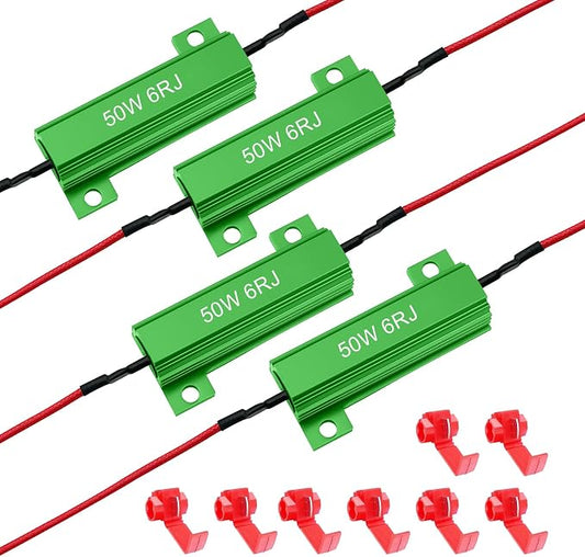 4PCS Load Resistors, 50W 6Ohm Car Resistors, LED Turn Signal Resistor Flasher Adaptor, Aluminum Case Resistor for Fix LED Bulb Fast Hyper Flash Turn Signal Blink Error Code (Green 6RJ, 4PCS)