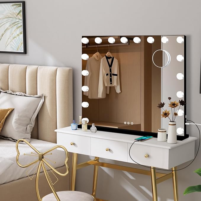 Moonee Vanity Mirror with Lights, Black Hollywood Lighted Makeup Mirror with 18 Dimmable Bulbs and 10X Magnification, 3 Colors Modes, Aluminum Metal Frame, Light Up Mirror for Tabletop/Wall（32" x 24"）