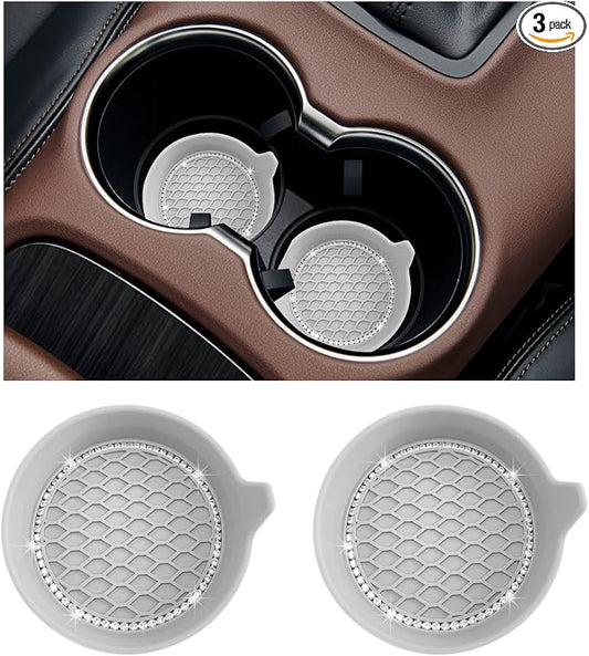 Ziciner 2 PCS Car Cup Coaster Holders, 3.15 Inch Silicone Anti-Slip Auto Insert Coaster, Crystal Rhinestone Car Drink Cup Mat, Universal Durable Auto Interior Accessories (Grey, 2Pack)