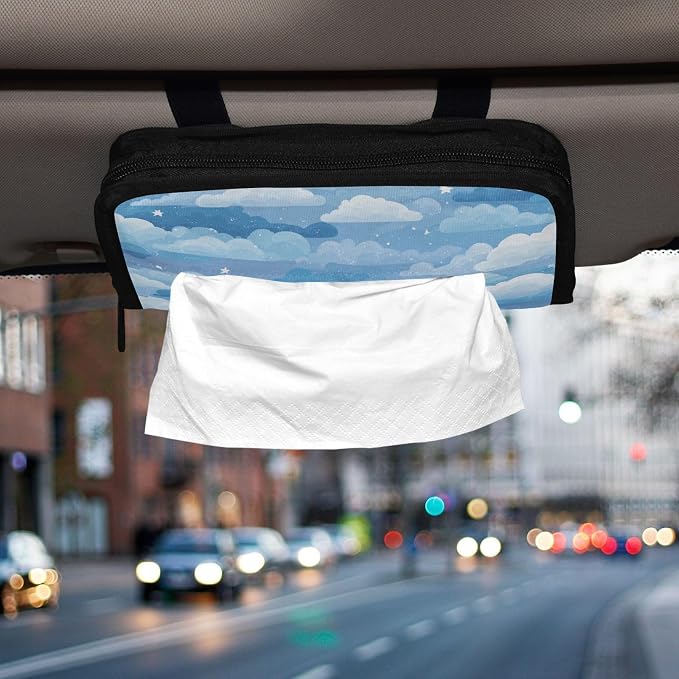 Car Visor Tissue Holder Mask Holder for Car, Car Tissue Box Sun Visor Napkin Holder Car Visor Accessories Adjustable Straps Reusable Durable Easy to Install Blue Gradient Cloud and Stars