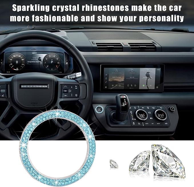 Kewucn 2 PCS Bling Crystal Double Rhinestone Car Engine Start Decoration Ring, Sparkling Push Start Button Sticker, Key Ignition & Knob Ring Decoration, Bling Car Interior Accessory(Lake Blue)