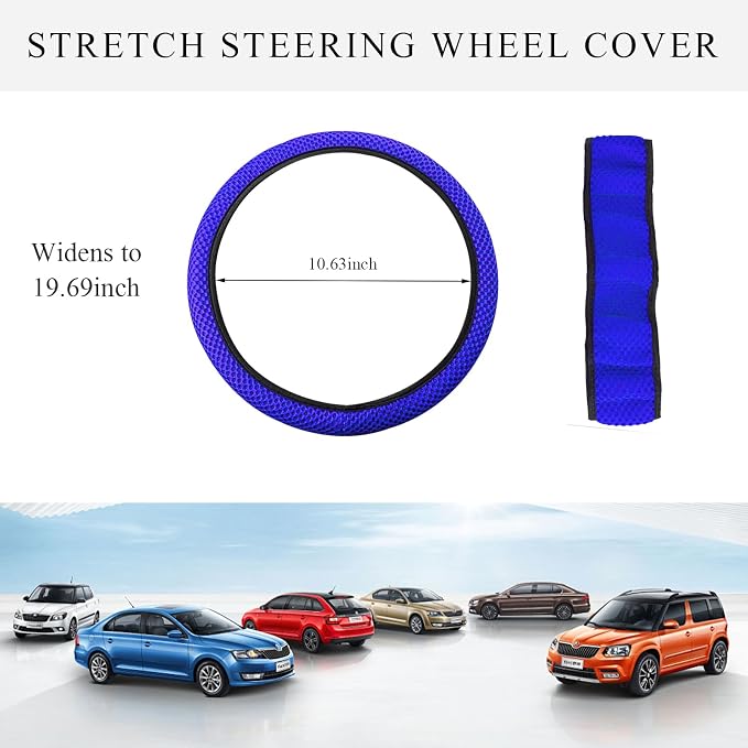 Yourkar Elastic Steering Wheel Cover, 15"×15" Comfy Breathable Stretch Steering Wheel Protector, Ice-Silk Cloth Polyester Steering Wheel Cover for Men Women, Car Accessories (Blue)