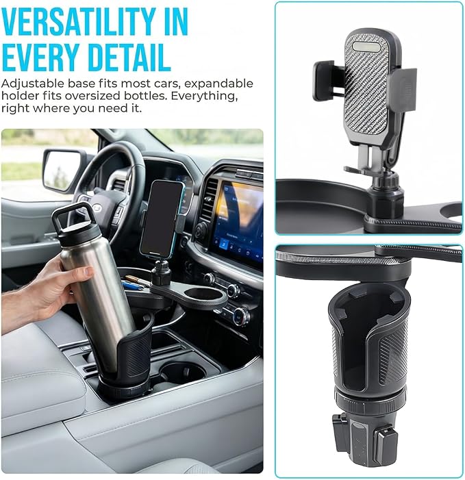 Car Cup Holder Tray, 3 in 1 Multifunctional Vehicle Food Water Bottle Phone Holder Expander Adapter with Adjustable Base, Detachable Auto Interior Food Tray Table, Universal Fit (Carbon Fiber)