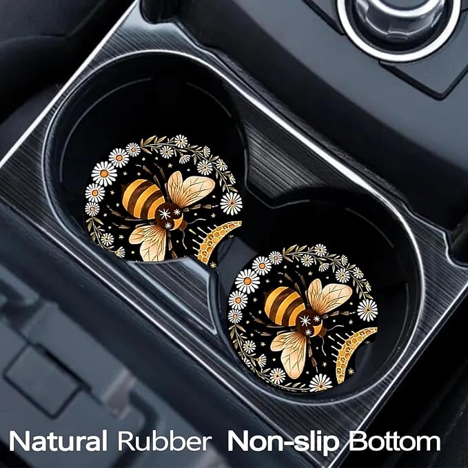 2 Pack Bee Car Cup Holder Coasters Universal Neoprene Coasters | 2.75" Universal Size Anti Slip Rubber Mat, Auto Cup Holder Accessories for SUV Truck, Bee Gifts for Women Men Mom