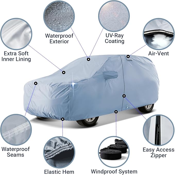 iCarCover 18-Layer SUV Car Cover Waterproof All Weather, UV Sun Protection Full Car Covers for Automobiles, GLK, 4Runner, Xterra, Forester, XC40, Q3, Liberty, SPOR-Tage, Size S57 (See Size Chart)