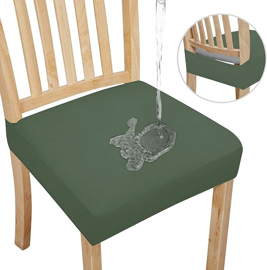 Easy-Going 100% Waterproof Seat Covers for Dining Room Chairs Set of 8, Stretch Chair Seat Slipcovers Protector Removable and Washable Kitchen Dining Chair Covers, Grayish Green