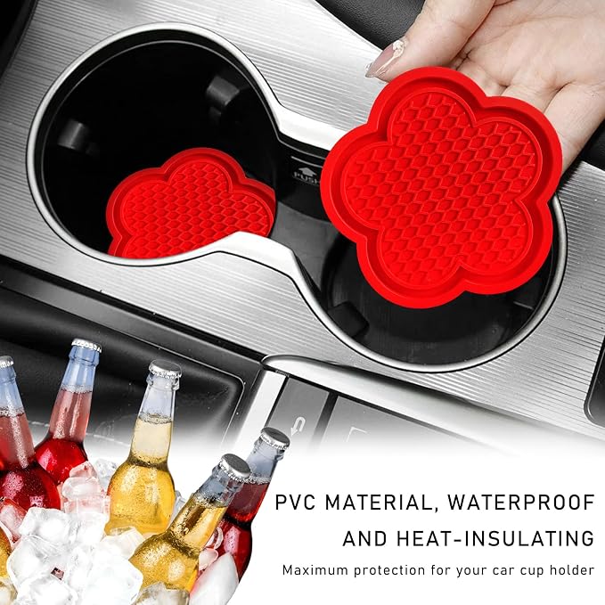 DXNQ 4 PCS Car Cup Coasters, Cute Flower Shaped Car Cup Holder Mat, PVC Waterproof Anti Slip Vehicle Cup Holder Insert Coaster, Universal Car Interior Decor Accessories (Red)