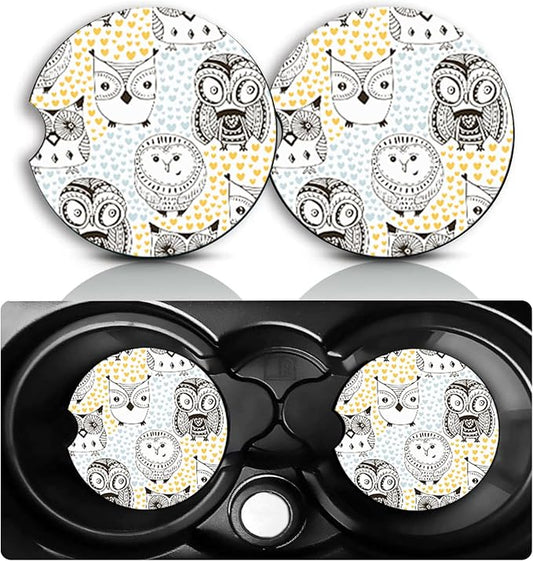 Owl Car Cup Holder Coasters Set of 2 – Fun Owl Car Accessories 2.75" Universal Size Anti Slip Rubber Mat Recessed Auto Insert Coasters Decor Owls Gifts for Women Men Dad Grandpa