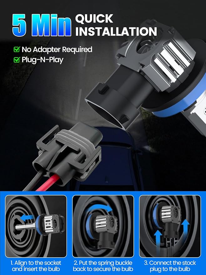 RCJ H11 Bulbs, H8 H9 Fog Light Bulbs 16000LM Super Bright 6000K Cool White, Real 1:1 Design, Plug and Play, Canbus Ready, Pack of 2