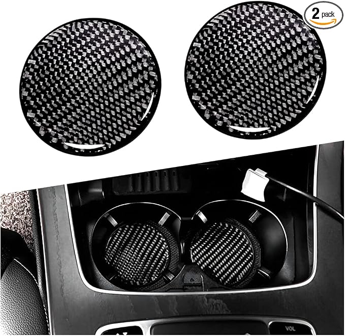 BESULEN Car Cup Holder Coaster, 2 PCS Carbon Fiber Non-Slip Embedded Coasters, Universal 2.75 Inch Cup Holder Insert Coaster Pad, Sports Racing Durable Drink Mat, Car Interior Accessories