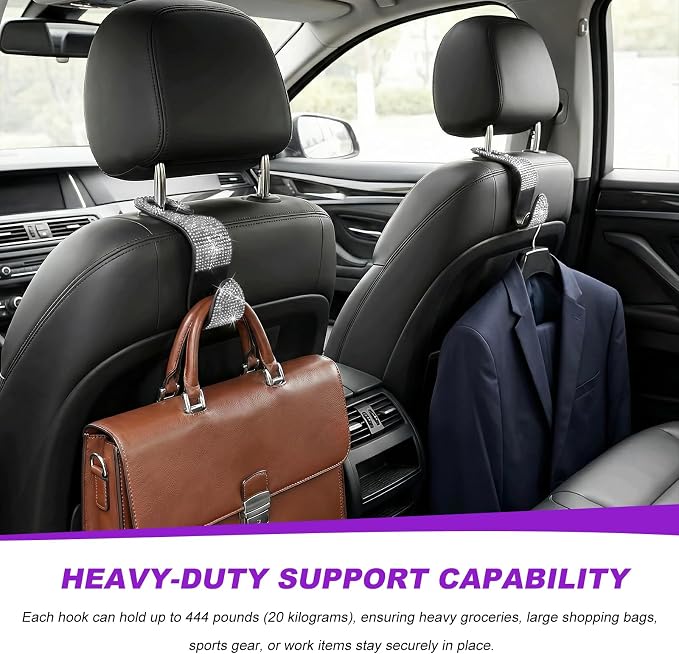2 PCS Car Seat Headrest Hook, Crystal Rhinestone Seat Hanger Auto Interior Purse Holder, Bling Vehicle Backseat Hangers for Grocery Bags Handbags Coats, Car Accessories (Silver)