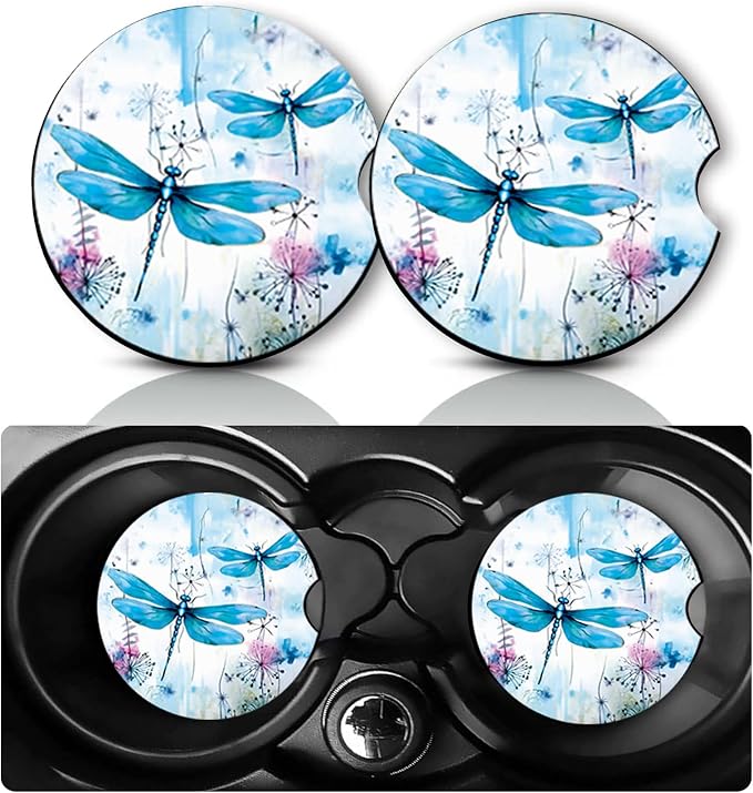 2 Pack Dragonfly Car Cup Holder Coasters Neoprene Anti Slip Rubber Mat | Dragonfly Car Accessories Decor 2.75" Universal Size Insert Auto Coasters Dragonflys Gifts for Women Men