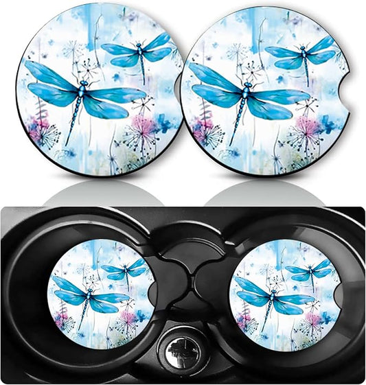2 Pack Dragonfly Car Cup Holder Coasters Neoprene Anti Slip Rubber Mat | Dragonfly Car Accessories Decor 2.75" Universal Size Insert Auto Coasters Dragonflys Gifts for Women Men
