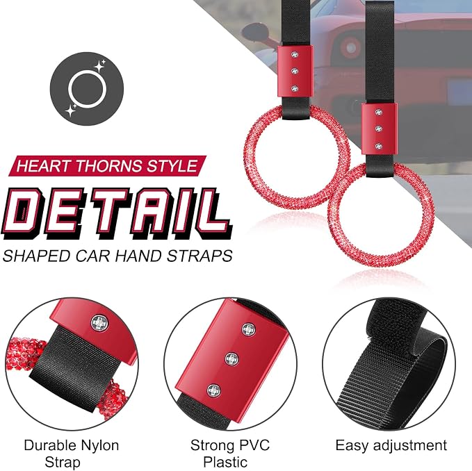 Fabbay Bling Car Accessories Bling Round Handle Ring Car Accessory for Women Hand Strap Drift Charm Rear Bumper Warning Ring Decor for Auto Bus Interior Exterior Decoration(Red, Round Style)
