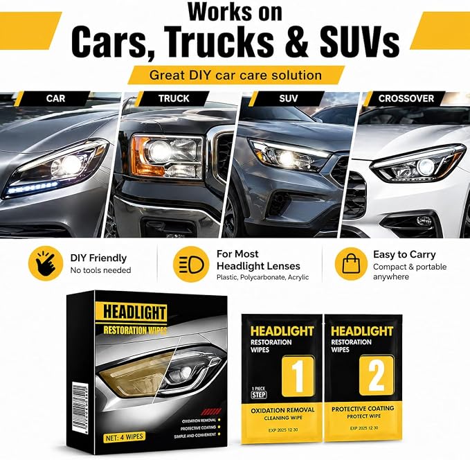 Headlight Restoration Wipes Kit – 2‑Step Headlight Cleaner & Protective Coating – Removes Yellowing & Oxidation, Restores Clarity & Shine – No Tools Needed – Quick DIY Headlight Lens Repair