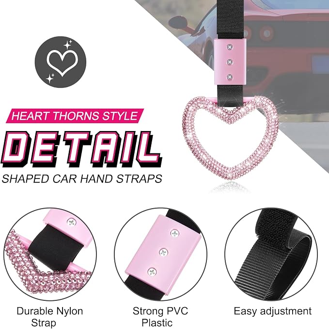 Fabbay Bling Car Accessories Bling Heart Handle Ring Car Accessory for Women Hand Strap Drift Charm Rear Bumper Warning Ring Decor for auto Bus Interior Exterior Decoration (Pink, Heart Style)